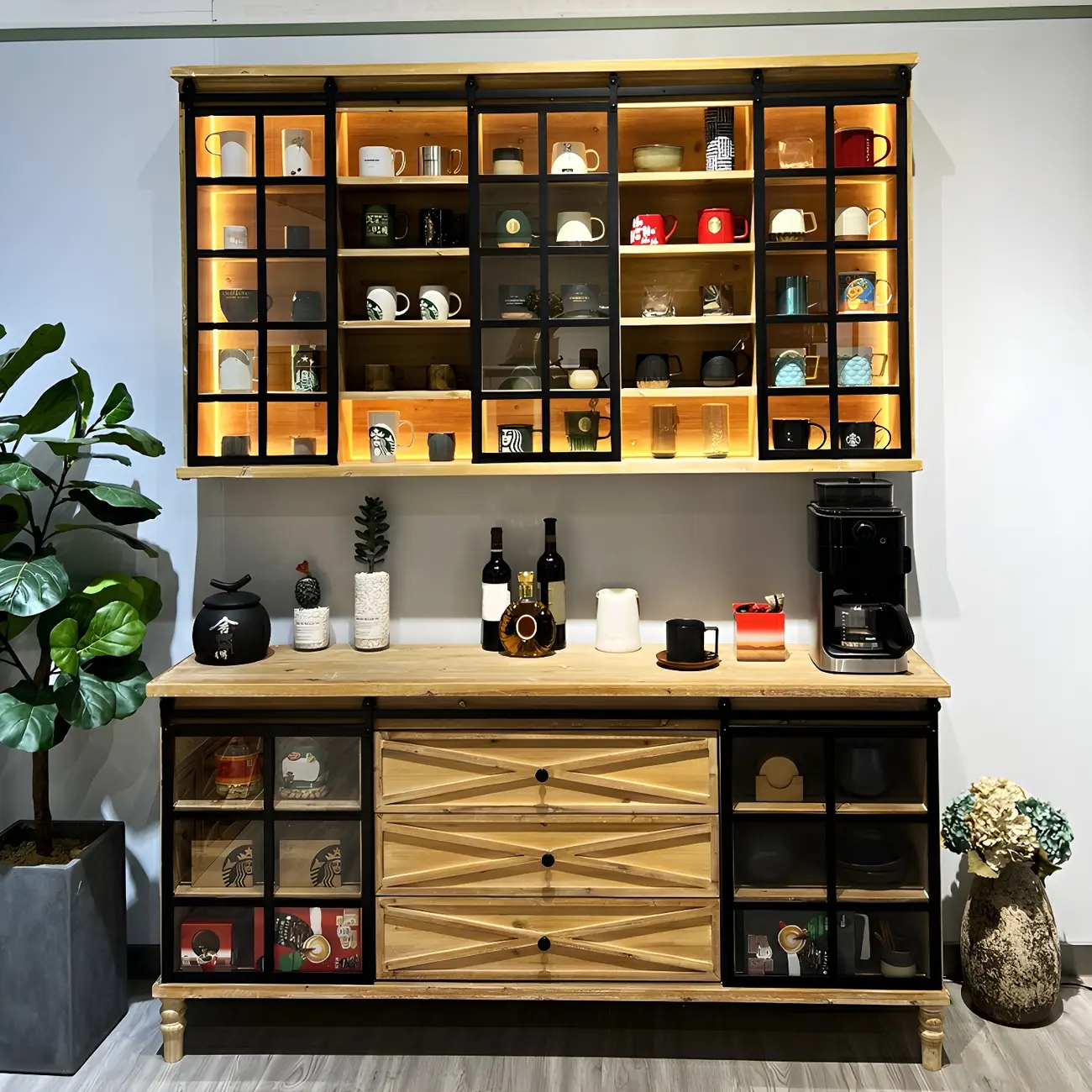 Natural Wall Mount LED Wooden Open Storage Display Cabinet Image - 1 | homeyfad