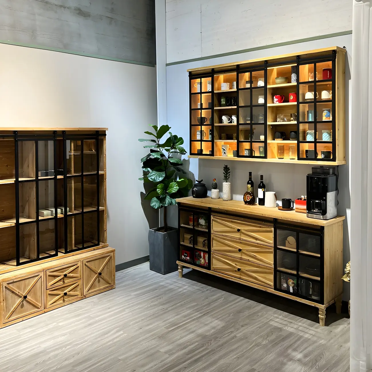 Natural Wall Mount LED Wooden Open Storage Display Cabinet Image - 4 | homeyfad