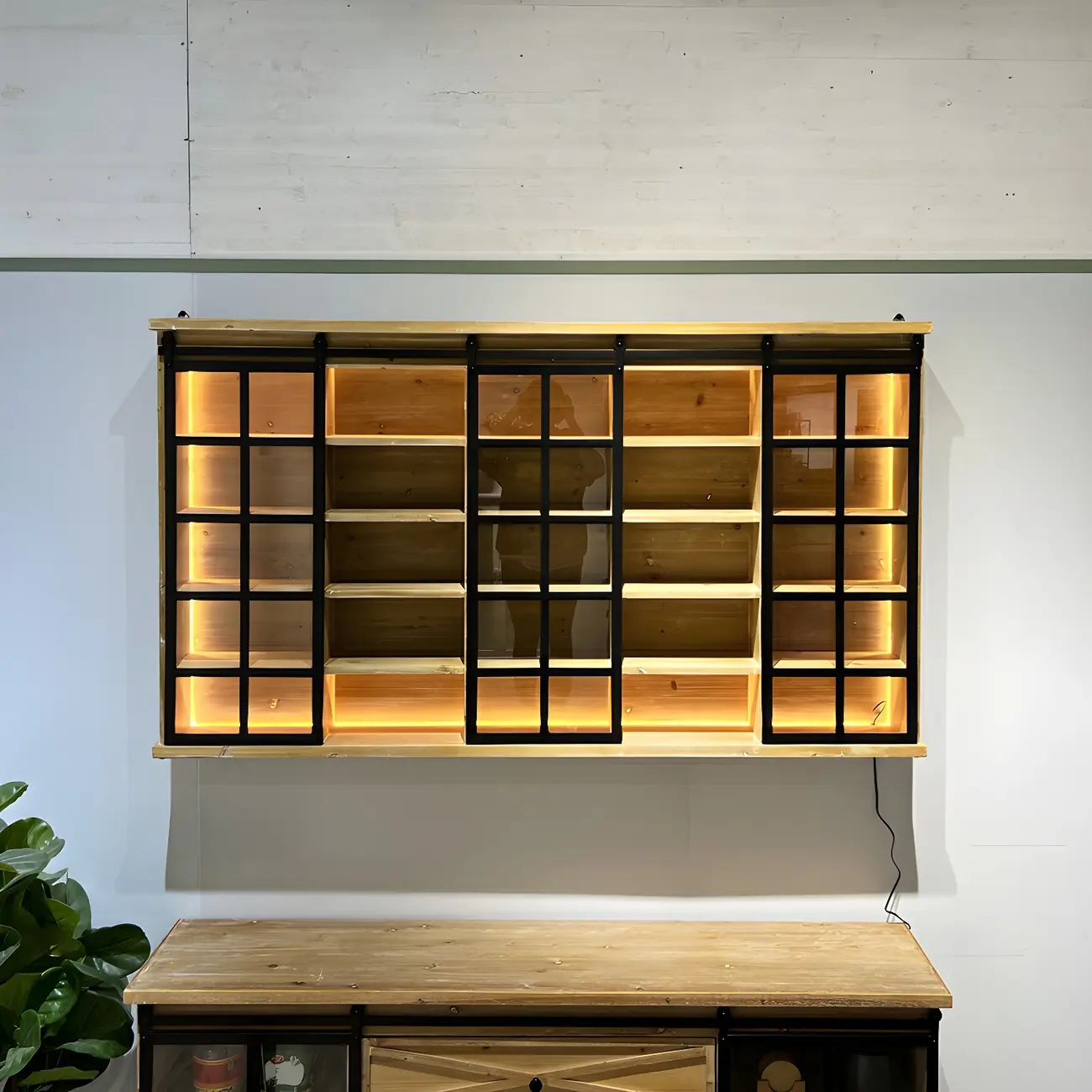 Natural Wall Mount LED Wooden Open Storage Display Cabinet Image - 5 | homeyfad