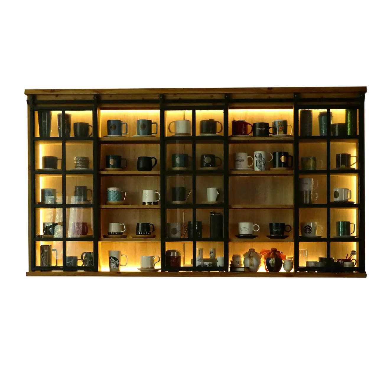 Natural Wall Mount LED Wooden Open Storage Display Cabinet Image - 6 | homeyfad