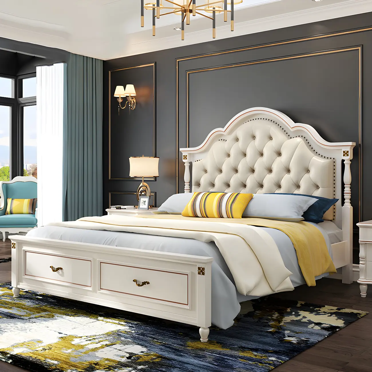 French Country White Storage Bed with Button Tufted Headboard Image - 1 | homeyfad