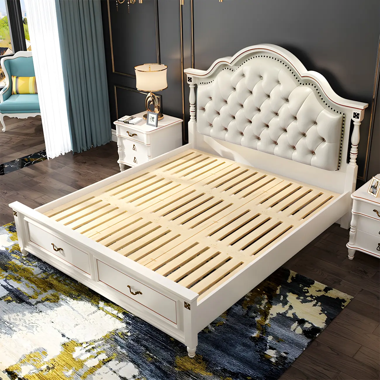French Country White Storage Bed with Button Tufted Headboard Image - 2 | homeyfad