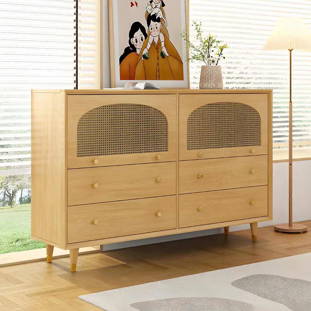 Vintage Wooden Dresser with Natural Finish and Metal Handles Image - 1