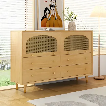 Vintage Wooden Dresser with Natural Finish and Metal Handles Image - 1