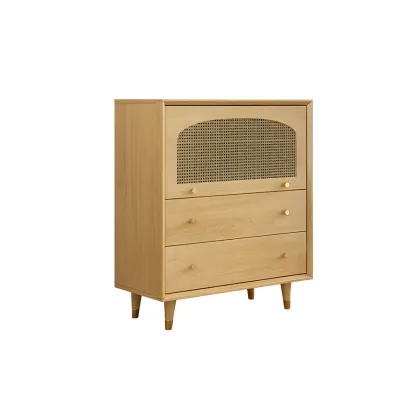 Vintage Wooden Dresser with Natural Finish and Metal Handles Image - 3