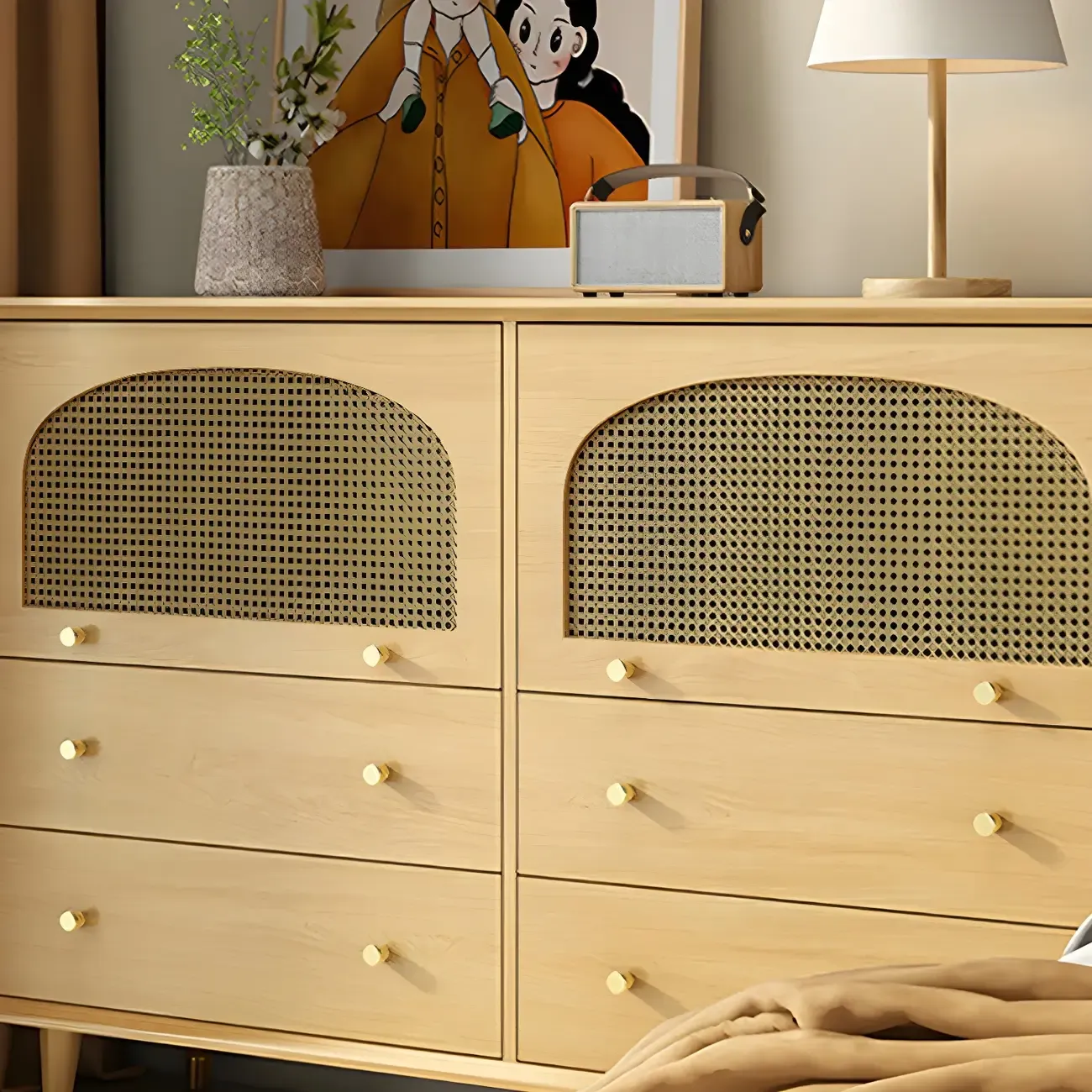 Vintage Wooden Dresser with Natural Finish and Metal Handles Image - 9