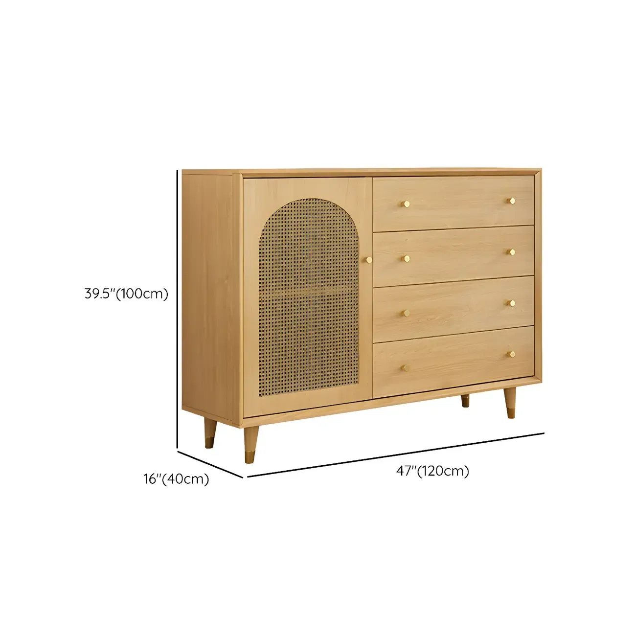 Vintage Wooden Dresser with Natural Finish and Metal Handles #size