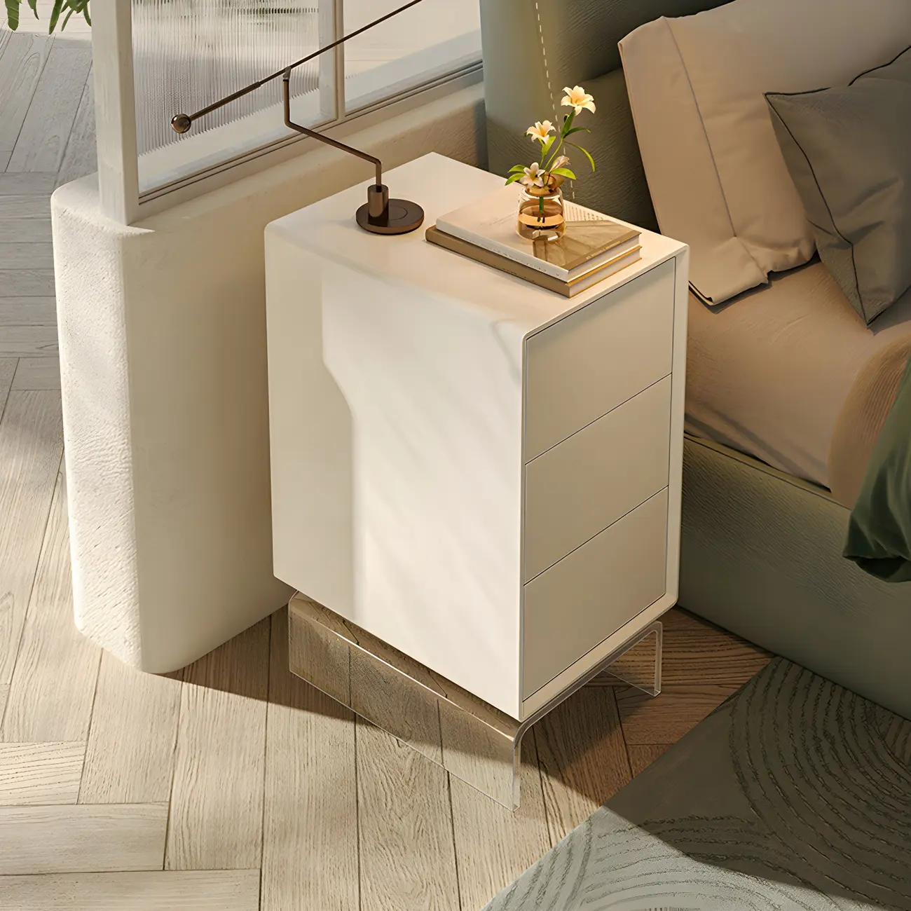 White Wooden 3 Drawer Nightstand with Arcylic Legs Image - 2 | homeyfad