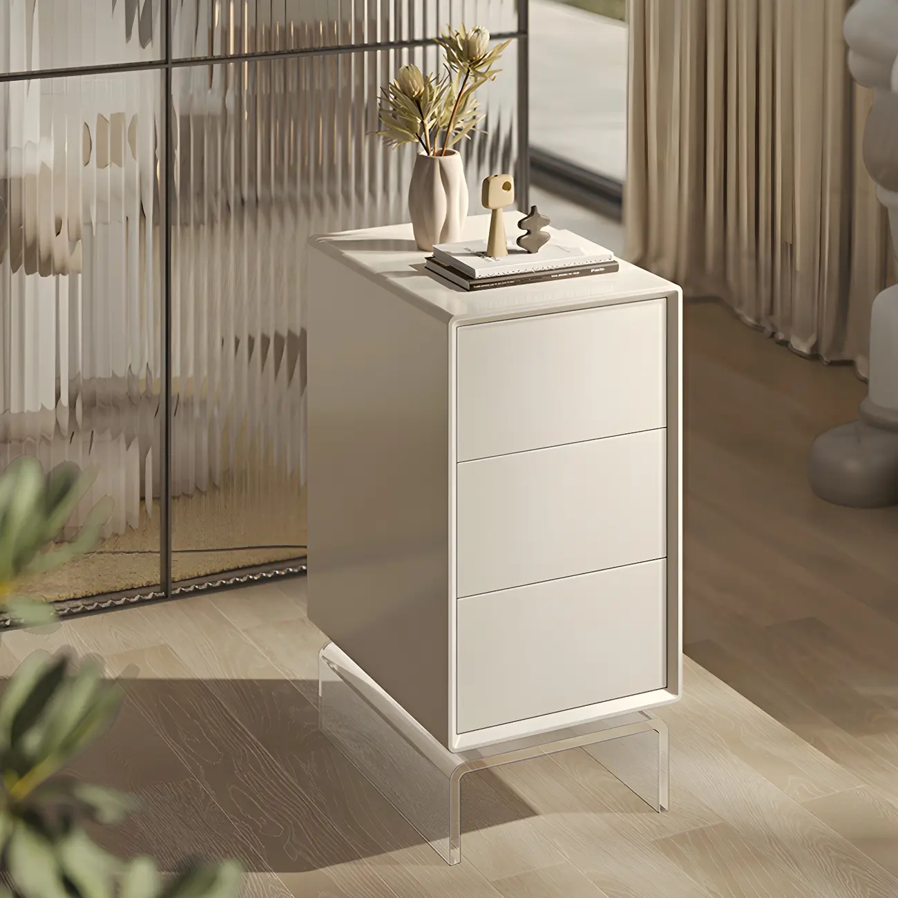 White Wooden 3 Drawer Nightstand with Arcylic Legs Image - 1 | homeyfad