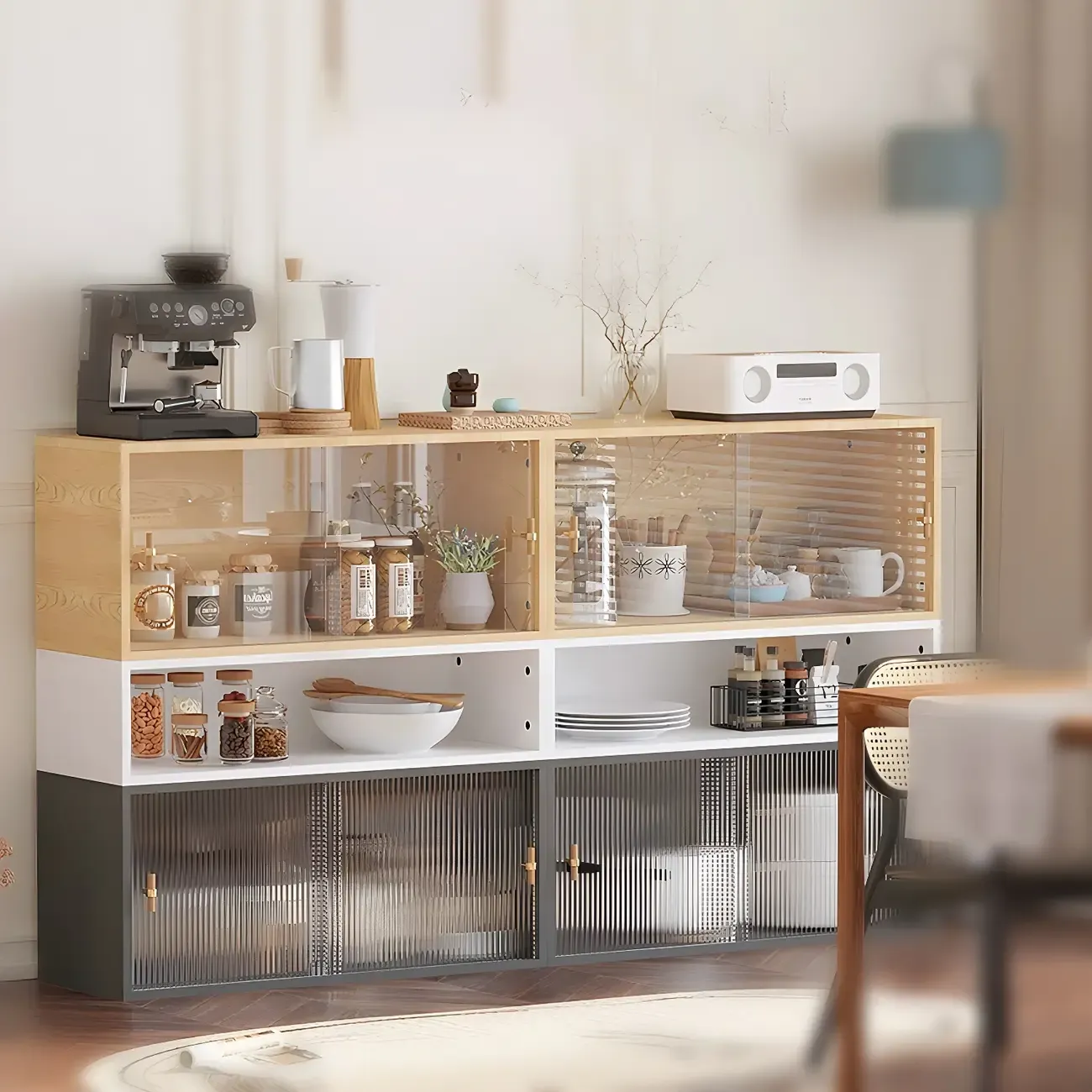 Living Room Rectangular Wood Glass Door Display Cabinet Image - 8