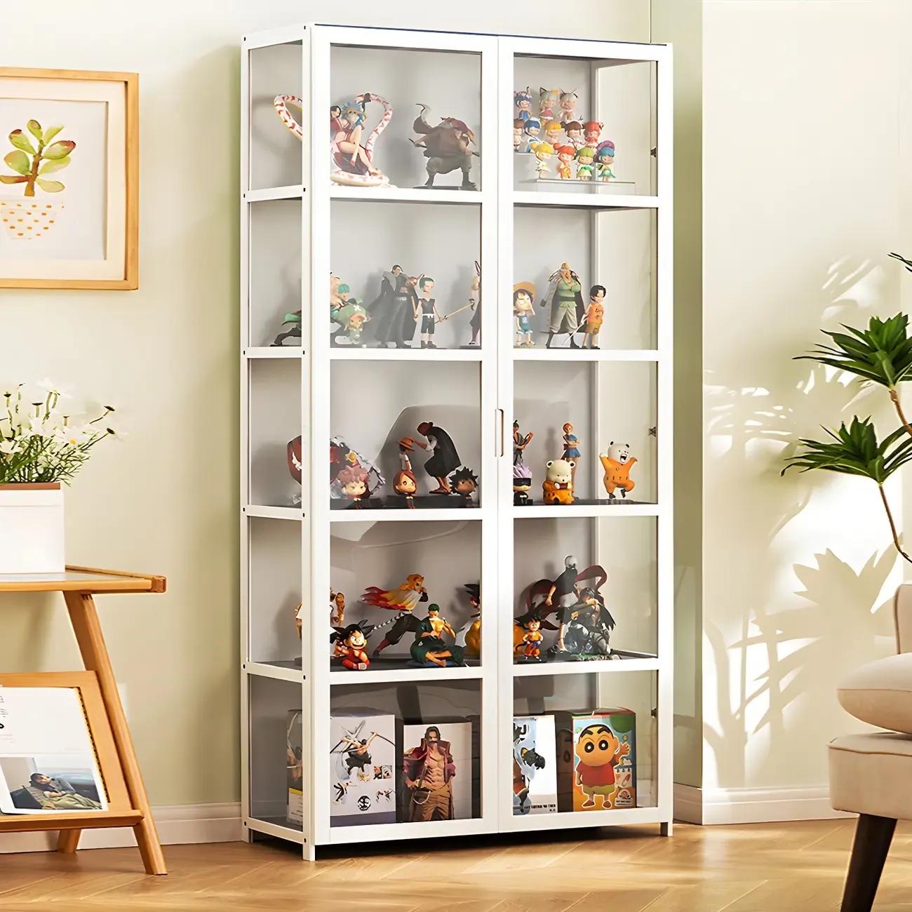 White Modern Bamboo Clear Figure Curio Cabinet | HomeyFad
