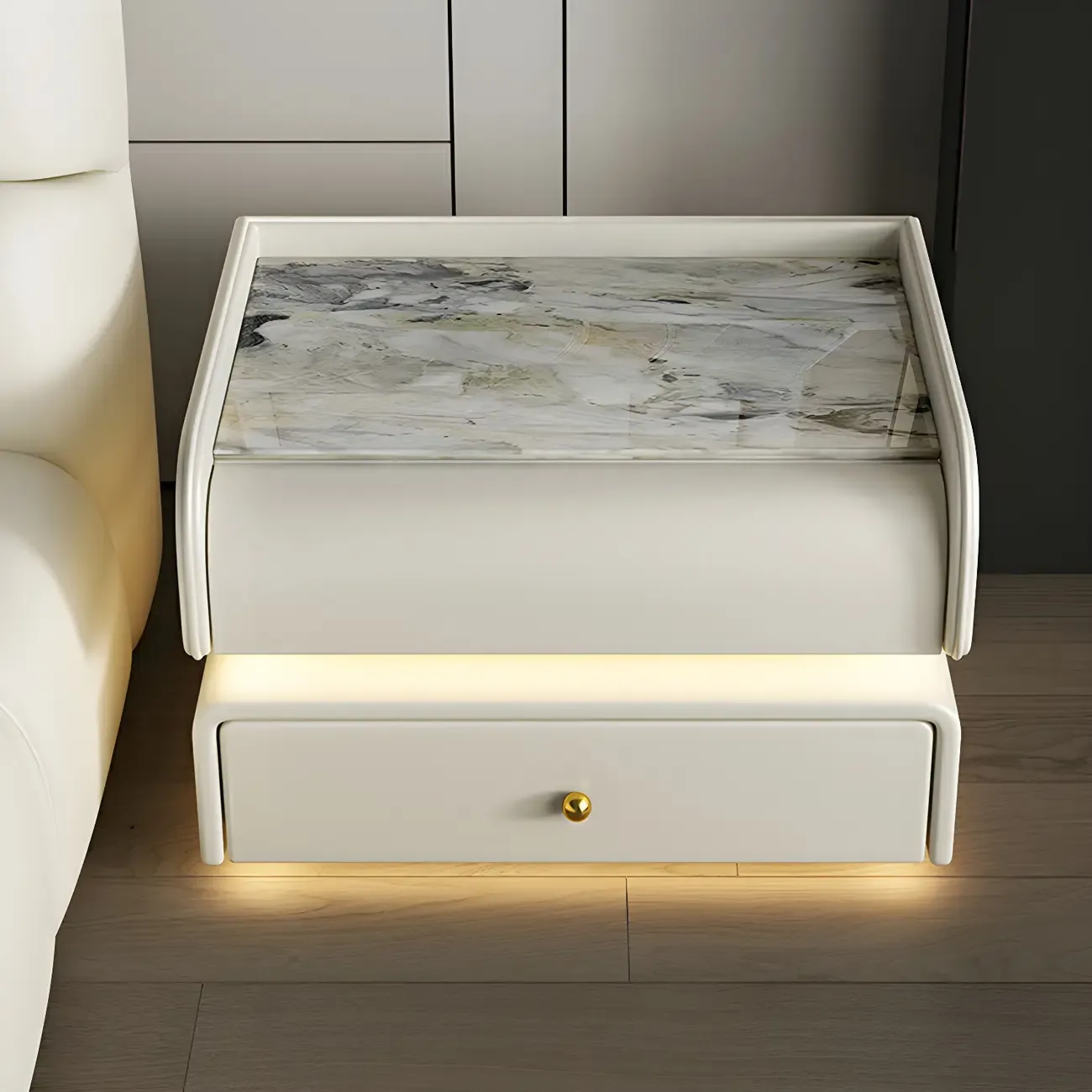 Black LED Marble Top Drawer Storage Nightstand Image - 5