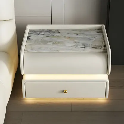 Black LED Marble Top Drawer Storage Nightstand Image - 5