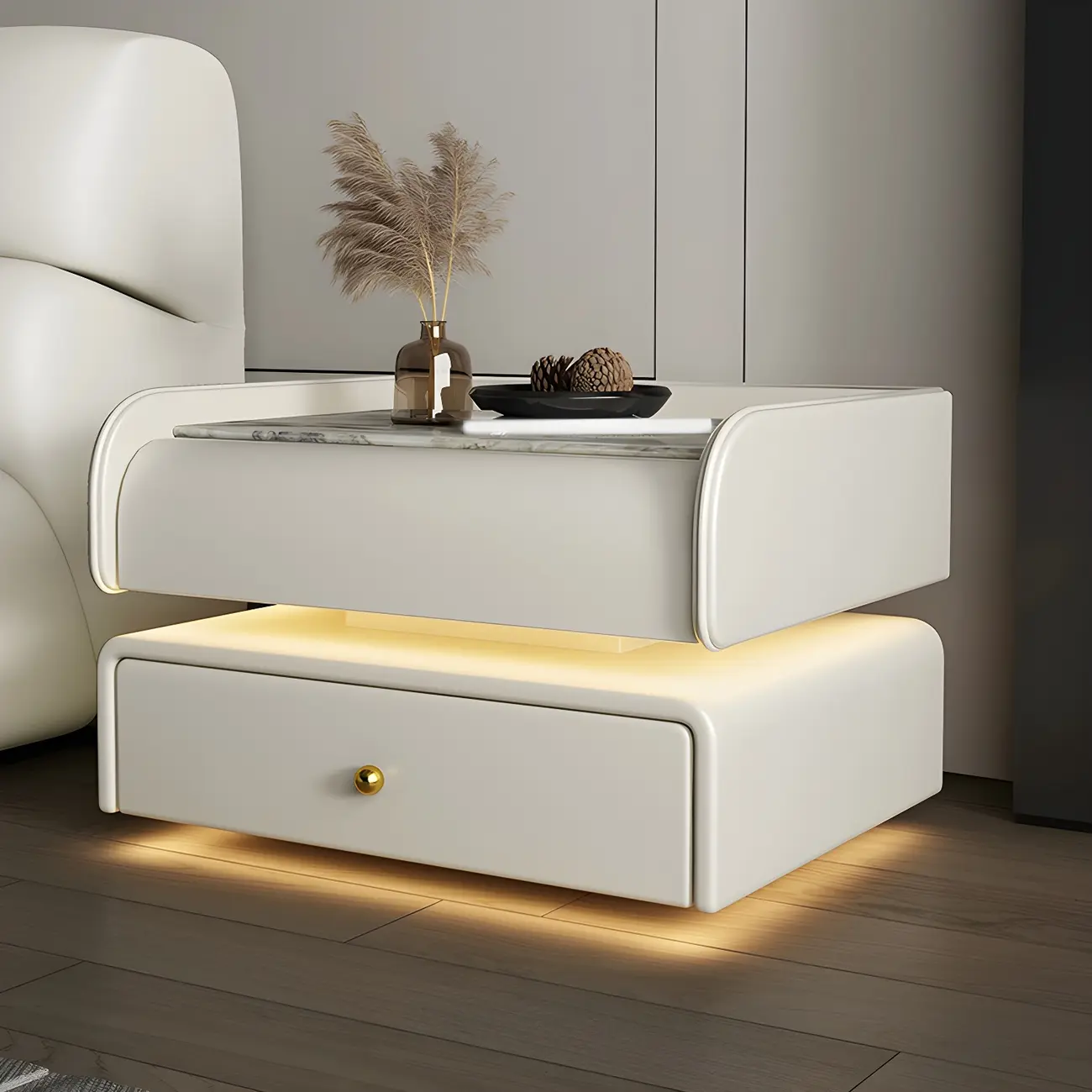 Black LED Marble Top Drawer Storage Nightstand Image - 2 | homeyfad