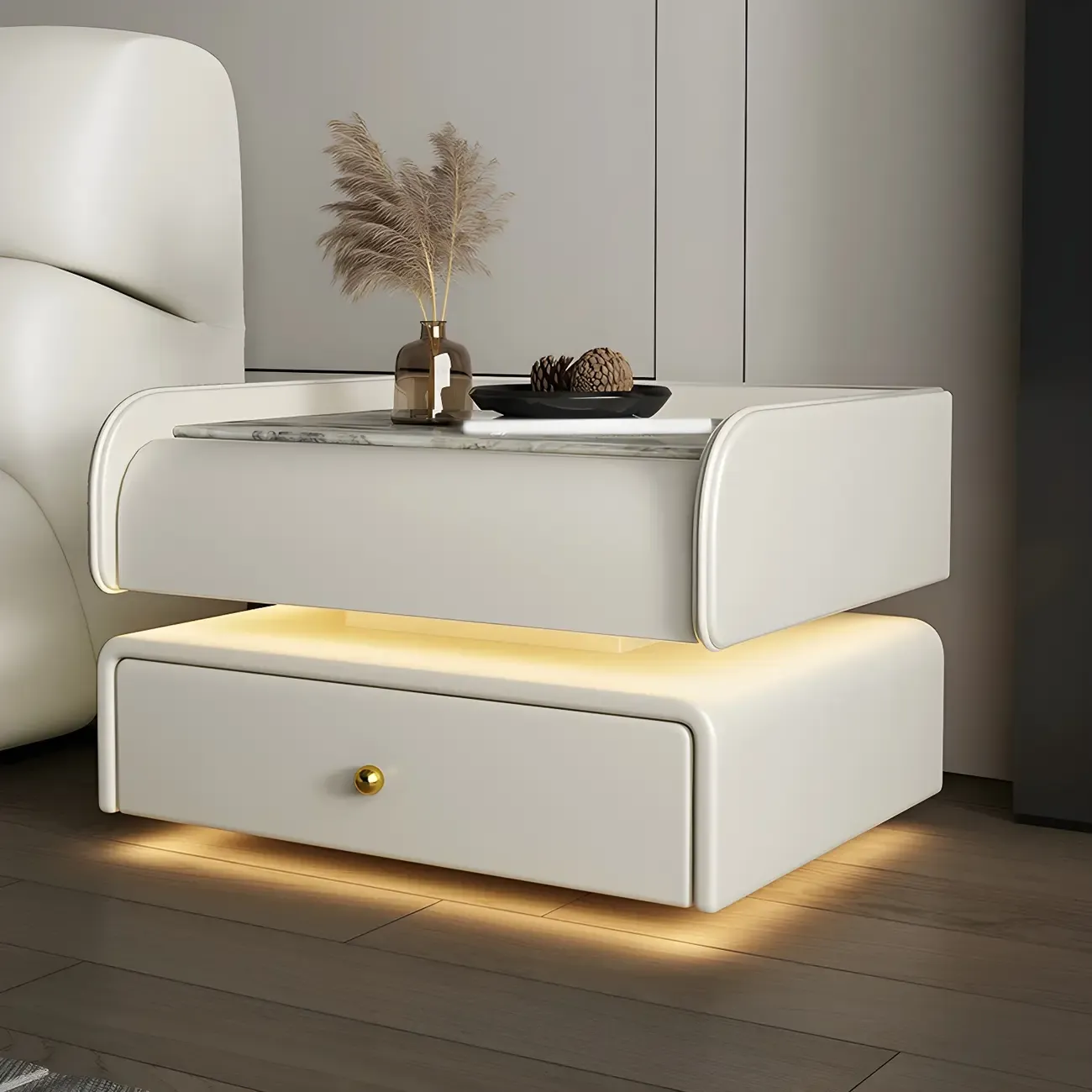 Black LED Marble Top Drawer Storage Nightstand Image - 2