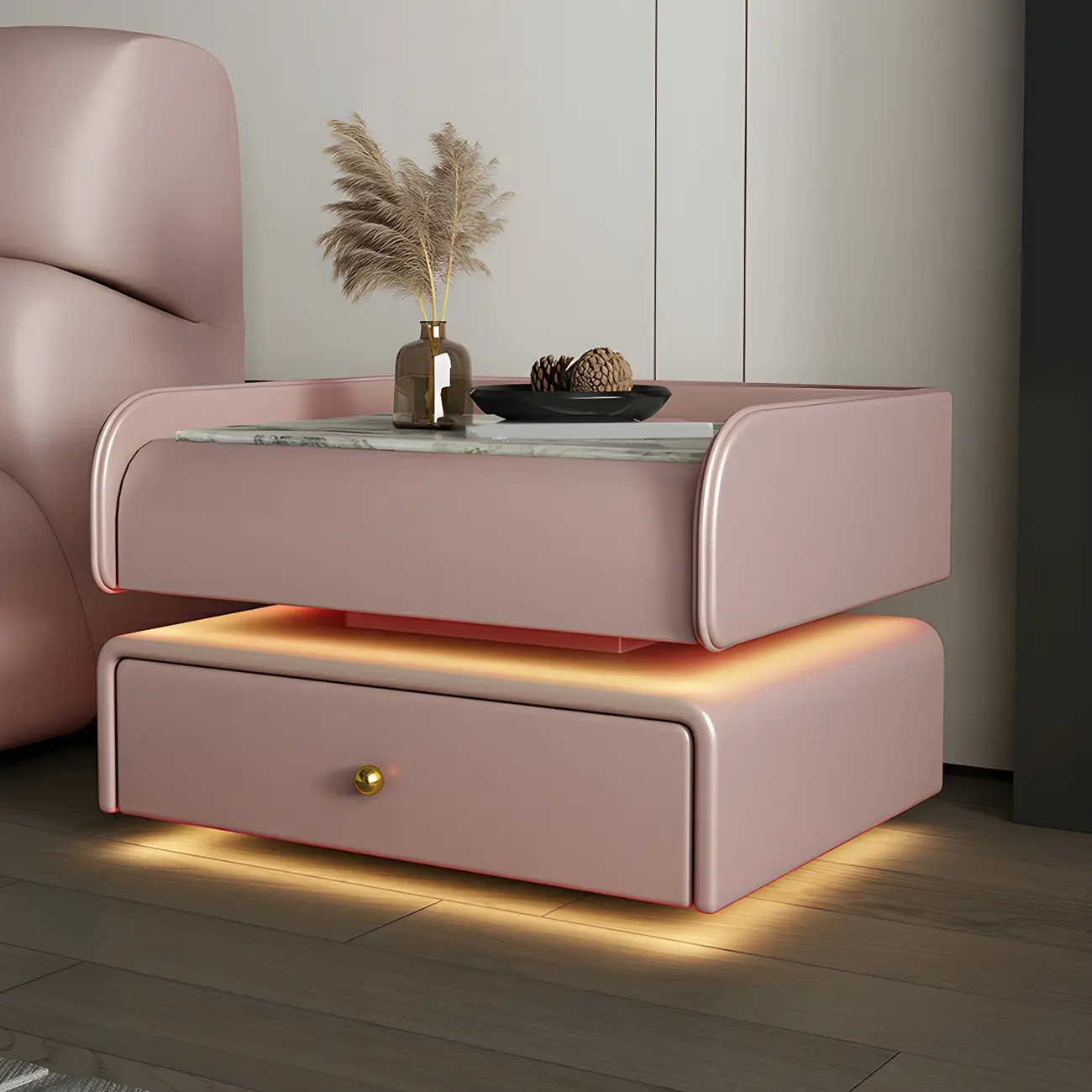 Black LED Marble Top Drawer Storage Nightstand Image - 3 | homeyfad