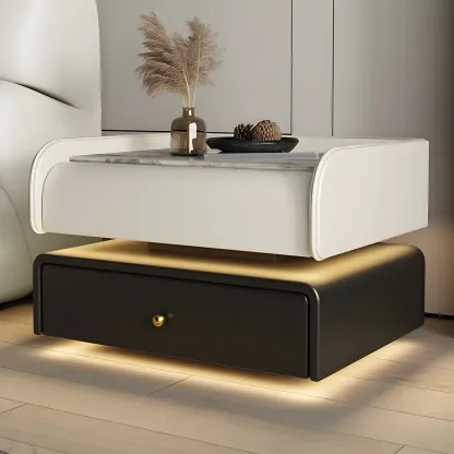Black LED Marble Top Drawer Storage Nightstand Image - 7
