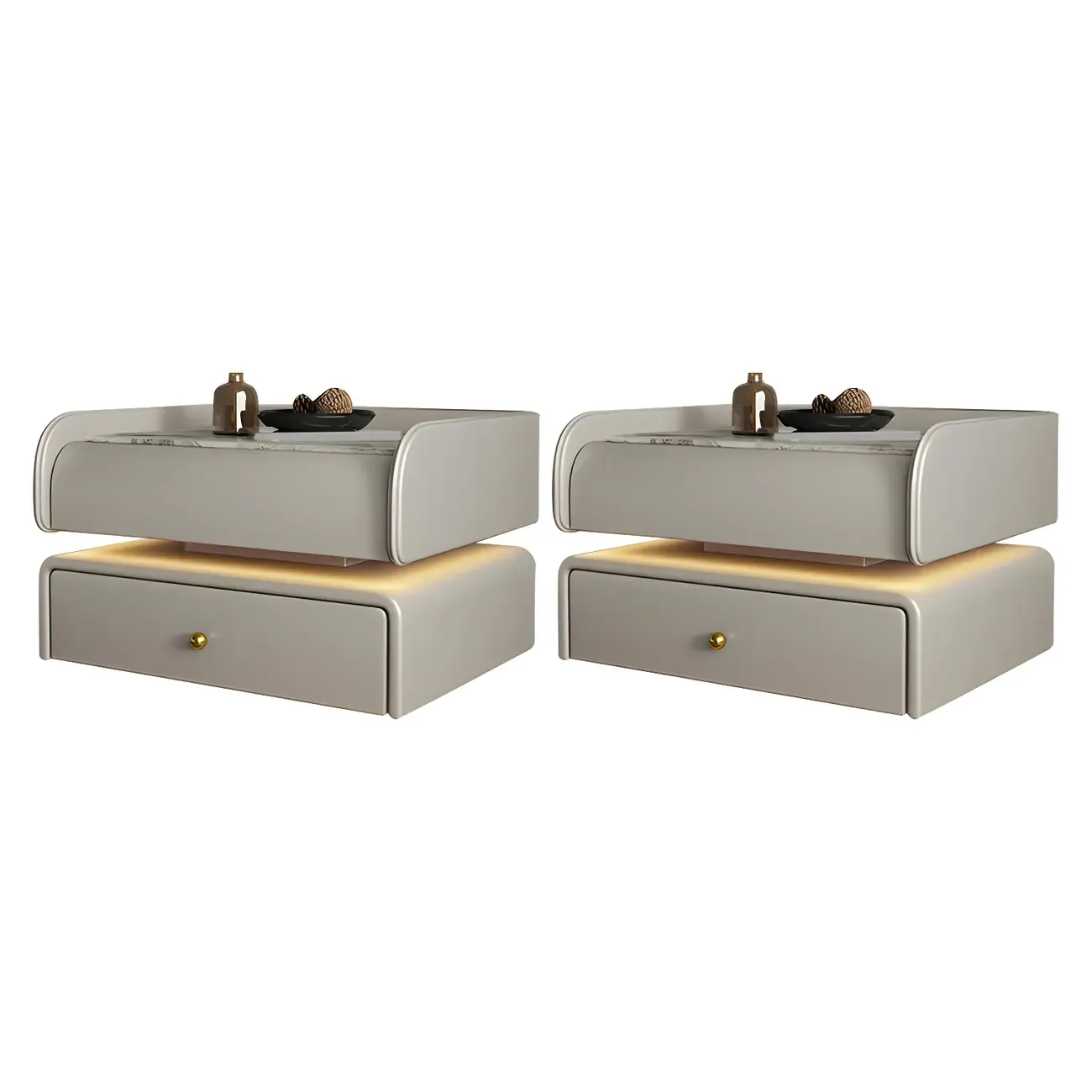 Black LED Marble Top Drawer Storage Nightstand Image - 9