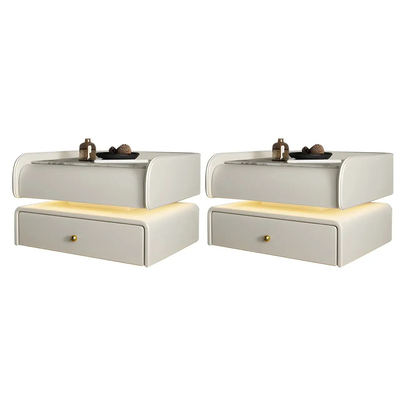 Black LED Marble Top Drawer Storage Nightstand Image - 11