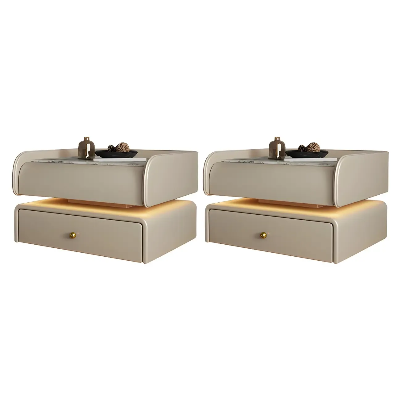 Black LED Marble Top Drawer Storage Nightstand Image - 16