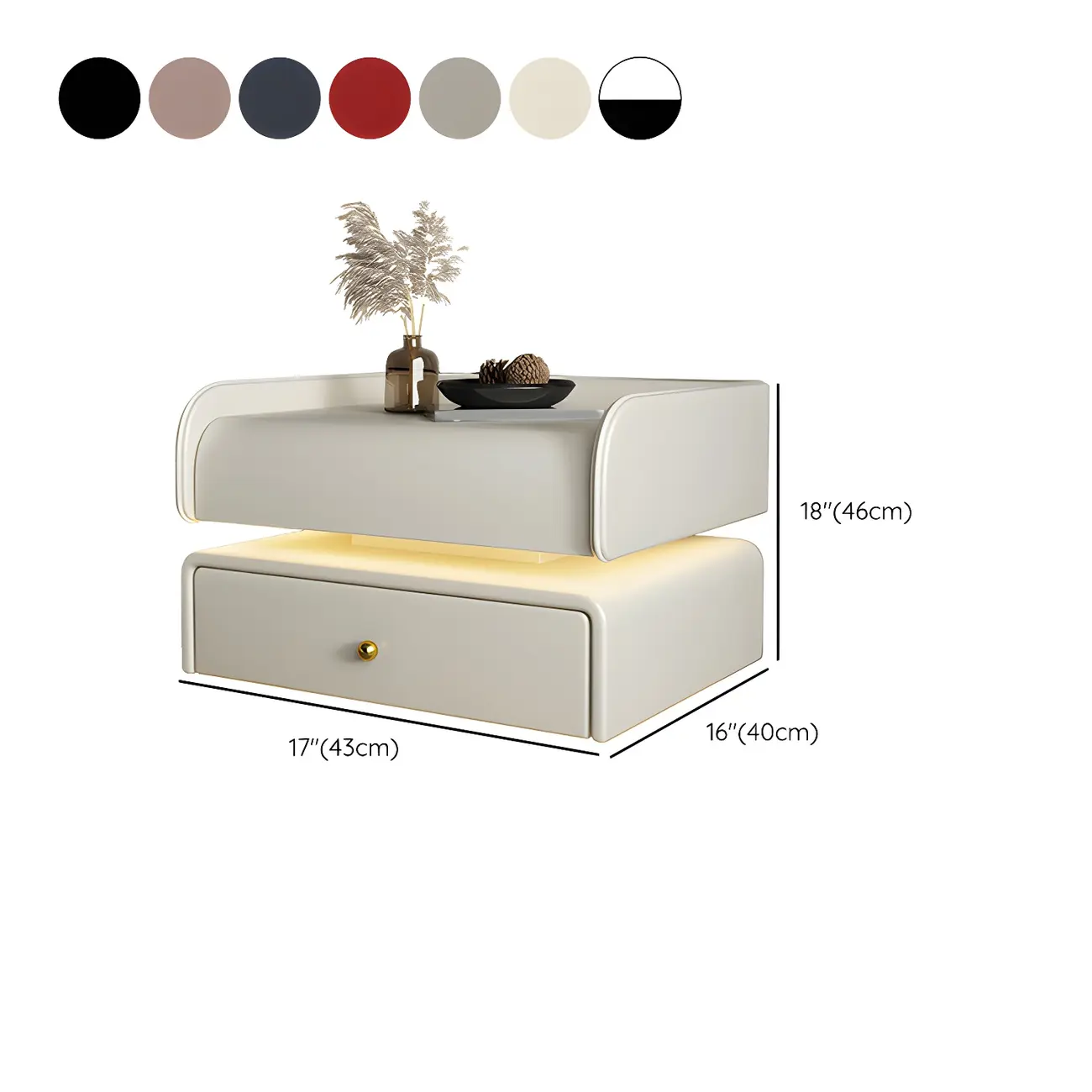 Black LED Marble Top Drawer Storage Nightstand #size