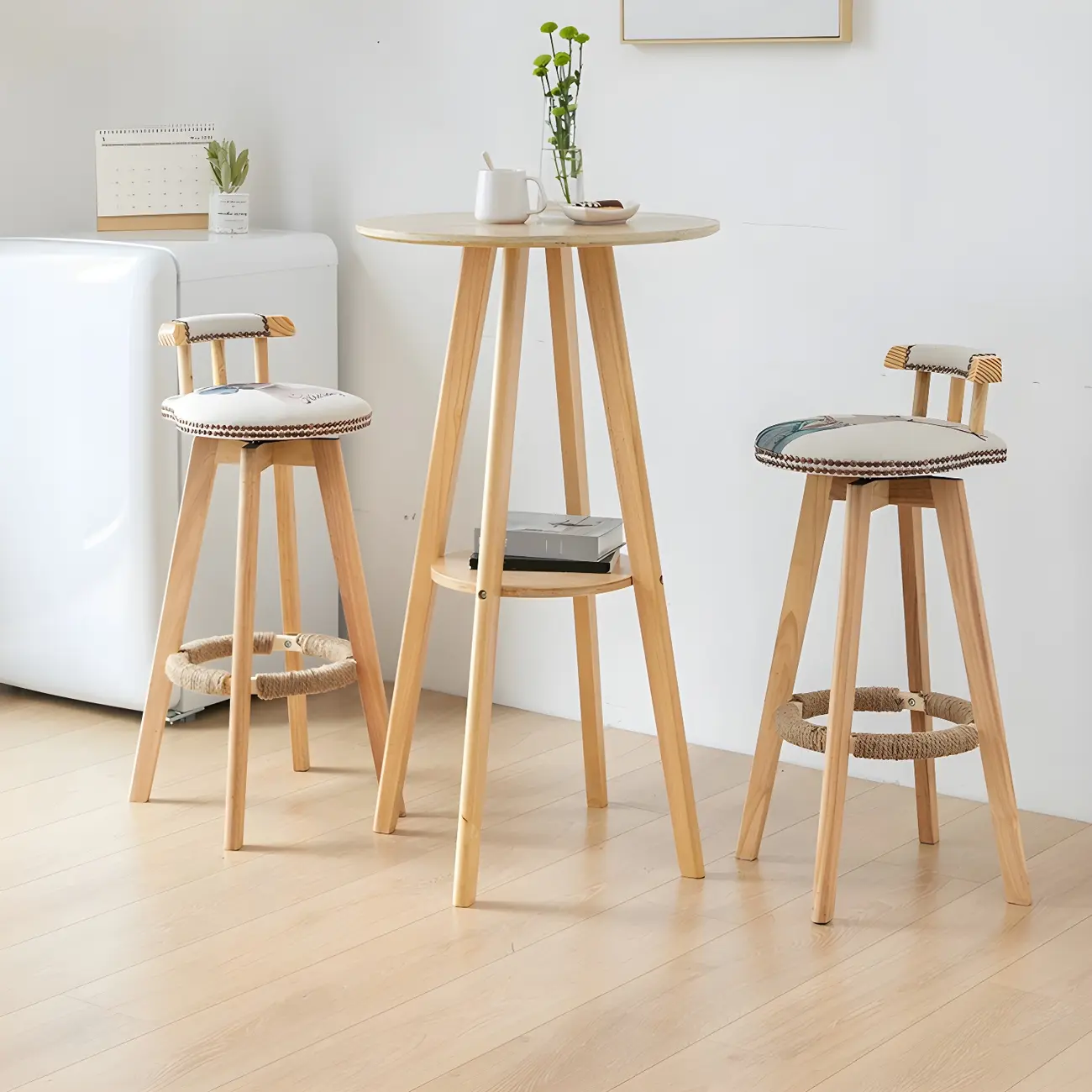 Minimalist Round 2-tier Bar Height Small Wooden Bar Table Image - 4 | homeyfad