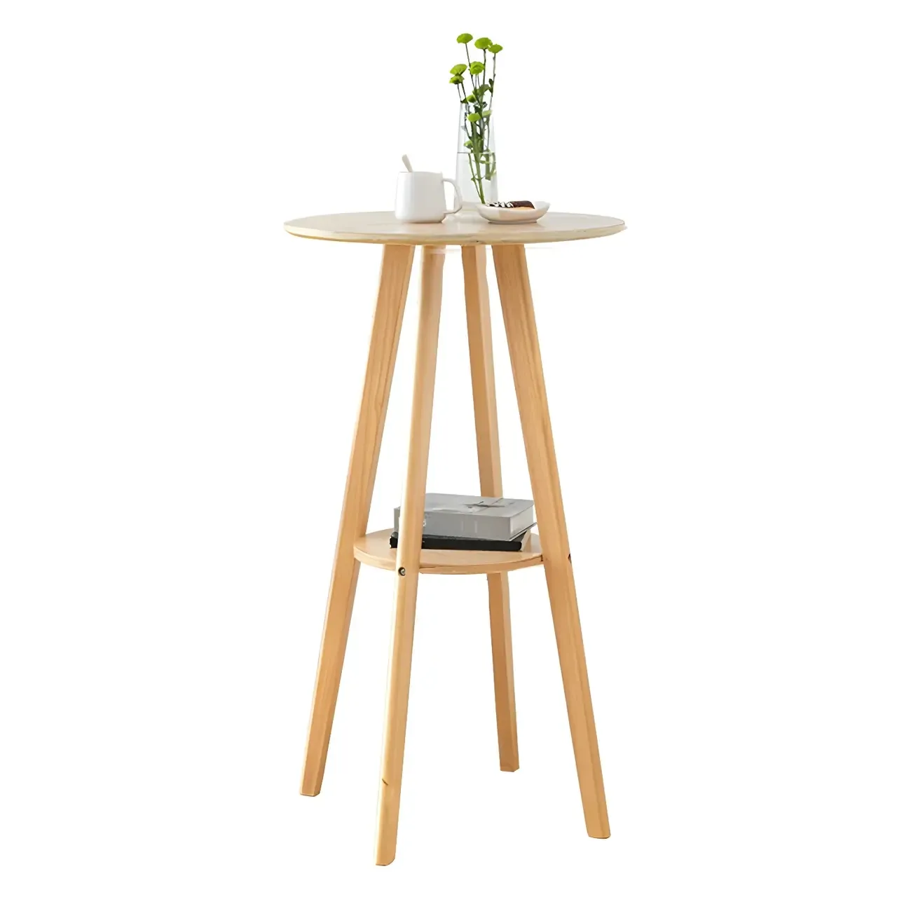 Minimalist Round 2-tier Bar Height Small Wooden Bar Table Image - 7