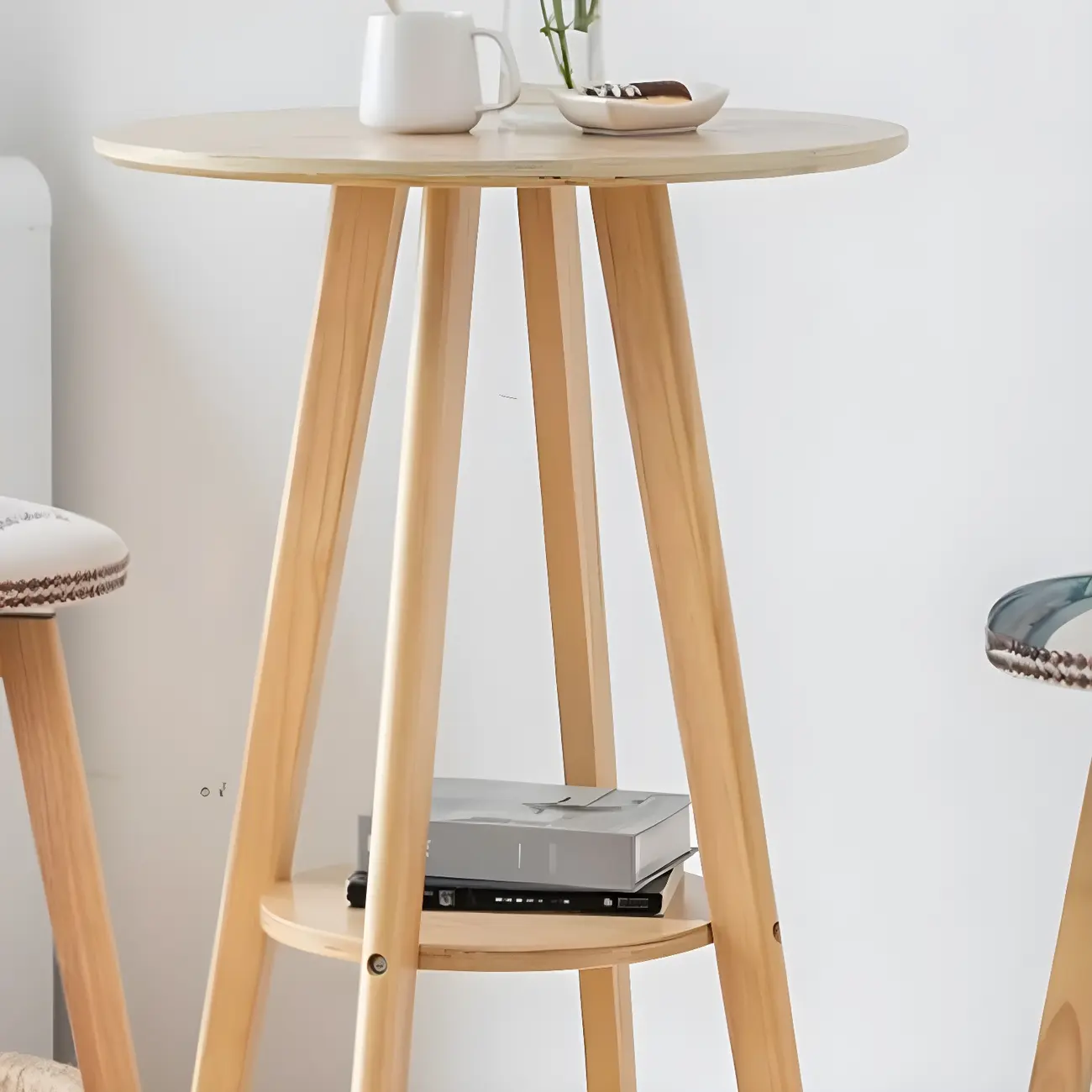 Minimalist Round 2-tier Bar Height Small Wooden Bar Table Image - 8 | homeyfad