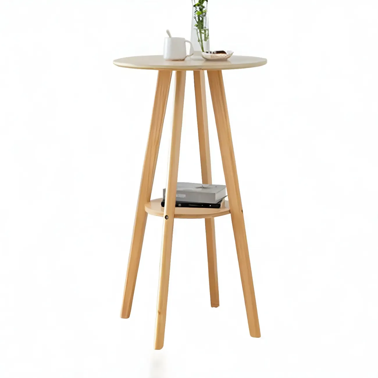 Minimalist Round 2-tier Bar Height Small Wooden Bar Table Image - 11