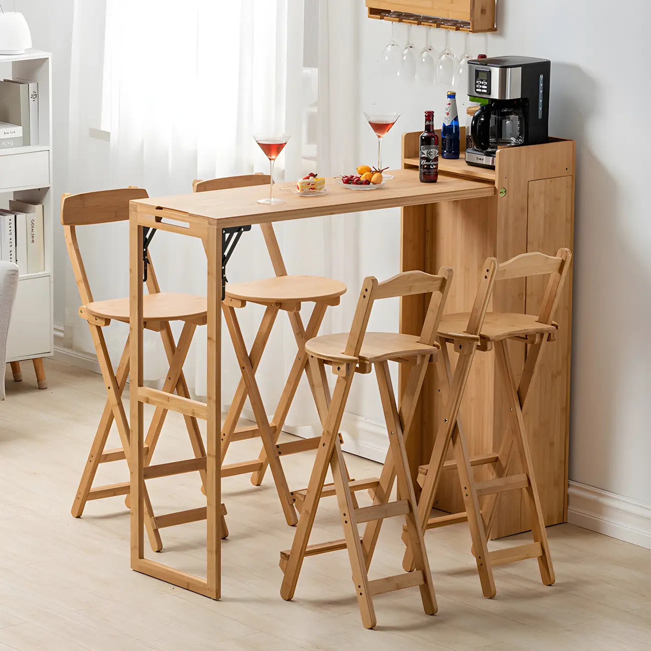Modern Bamboo Rectangle Top Foldable Bar Table with Storage Image - 1 | homeyfad