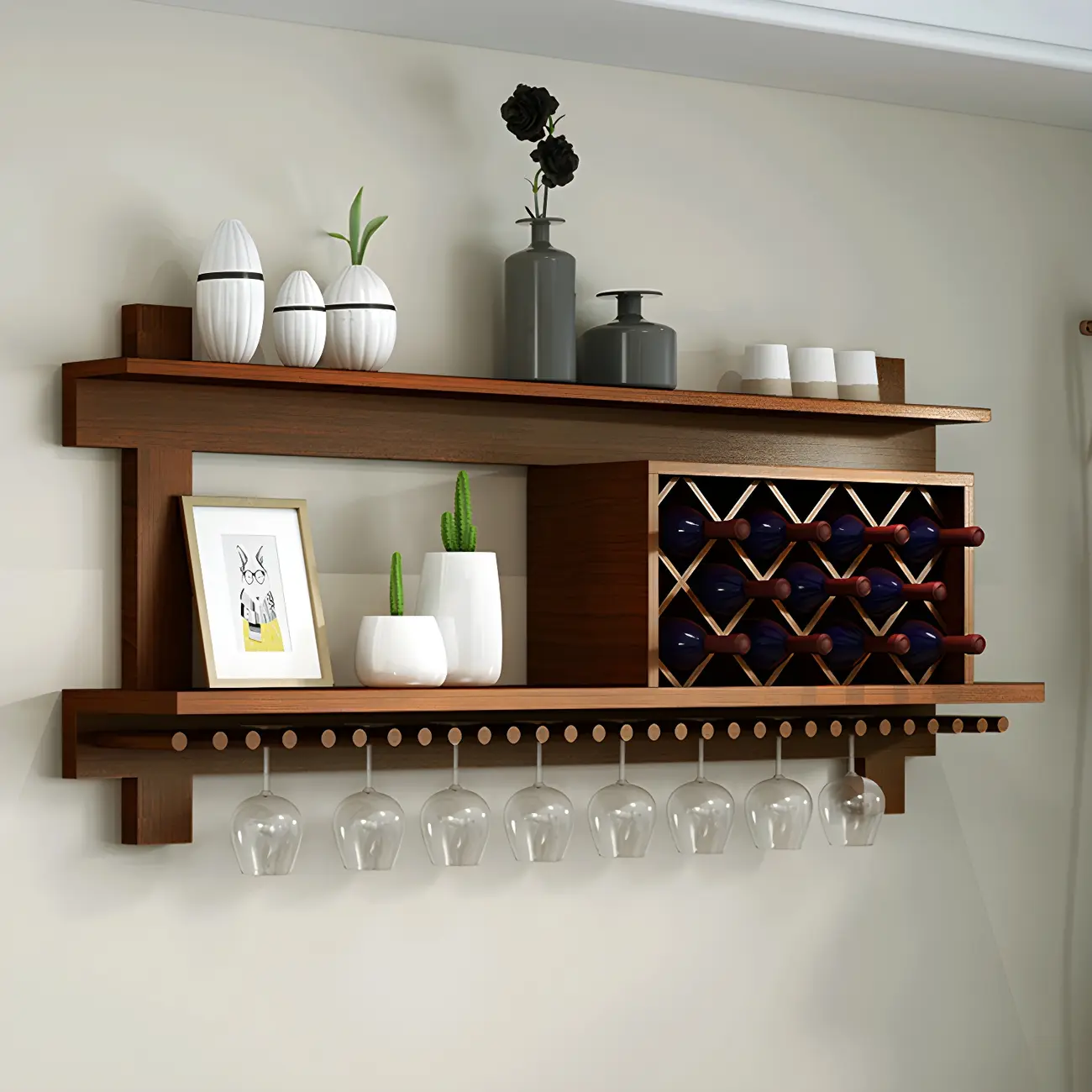 Pine Wooden Wall-Mounted Display Open Wine Bottle & Glass Rack Image - 8 | homeyfad