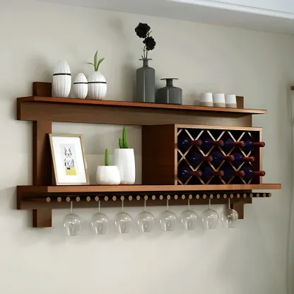 Pine Wooden Wall-Mounted Display Open Wine Bottle & Glass Rack Image - 8