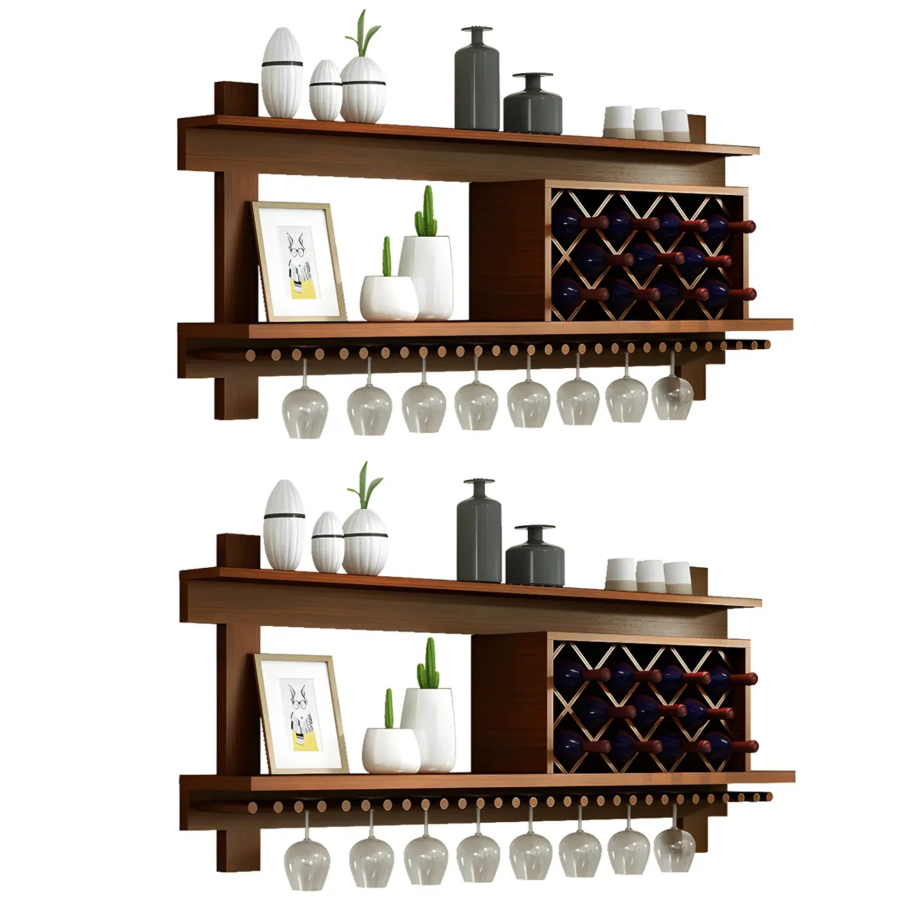 Pine Wooden Wall-Mounted Display Open Wine Bottle & Glass Rack Image - 15 | homeyfad