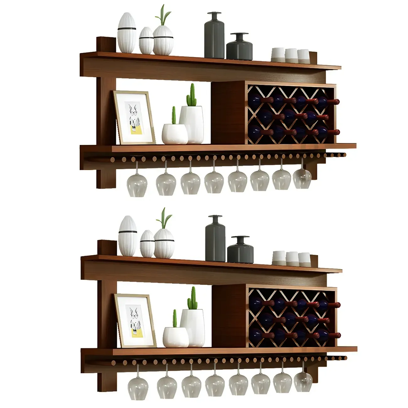Pine Wooden Wall-Mounted Display Open Wine Bottle & Glass Rack Image - 15