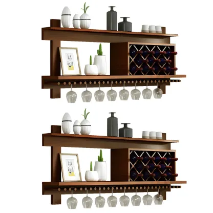 Pine Wooden Wall-Mounted Display Open Wine Bottle & Glass Rack Image - 15