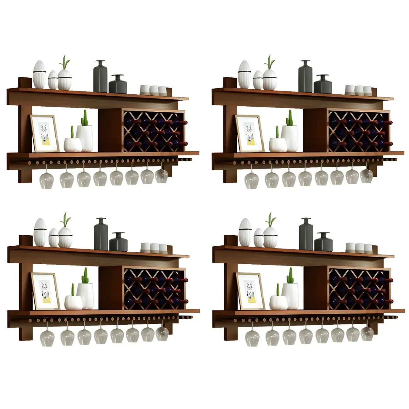 Pine Wooden Wall-Mounted Display Open Wine Bottle & Glass Rack Image - 16