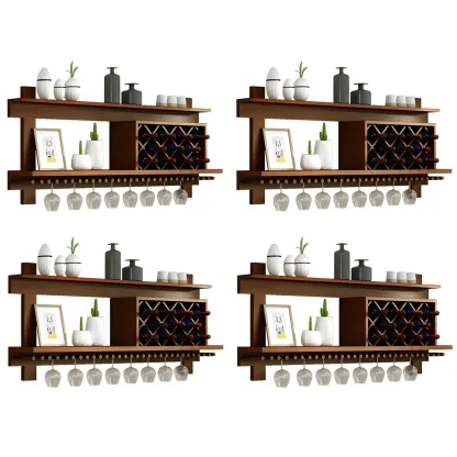 Pine Wooden Wall-Mounted Display Open Wine Bottle & Glass Rack Image - 16