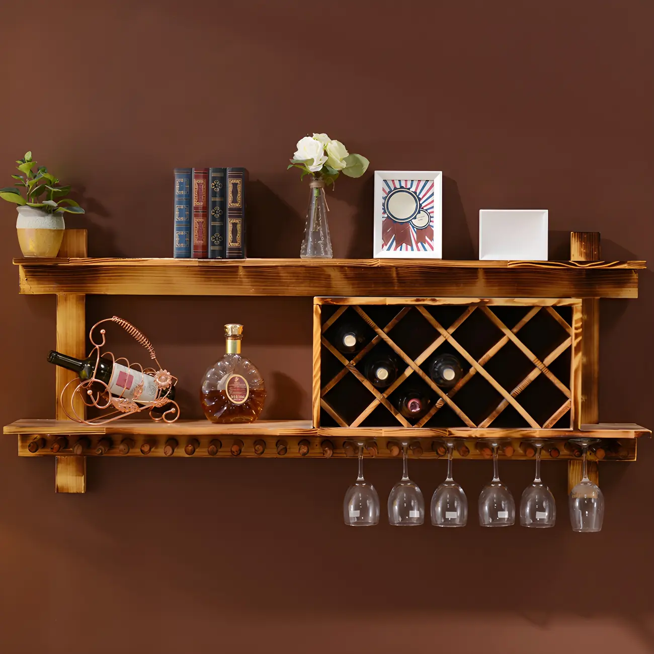 Pine Wooden Wall-Mounted Display Open Wine Bottle & Glass Rack Image - 4 | homeyfad