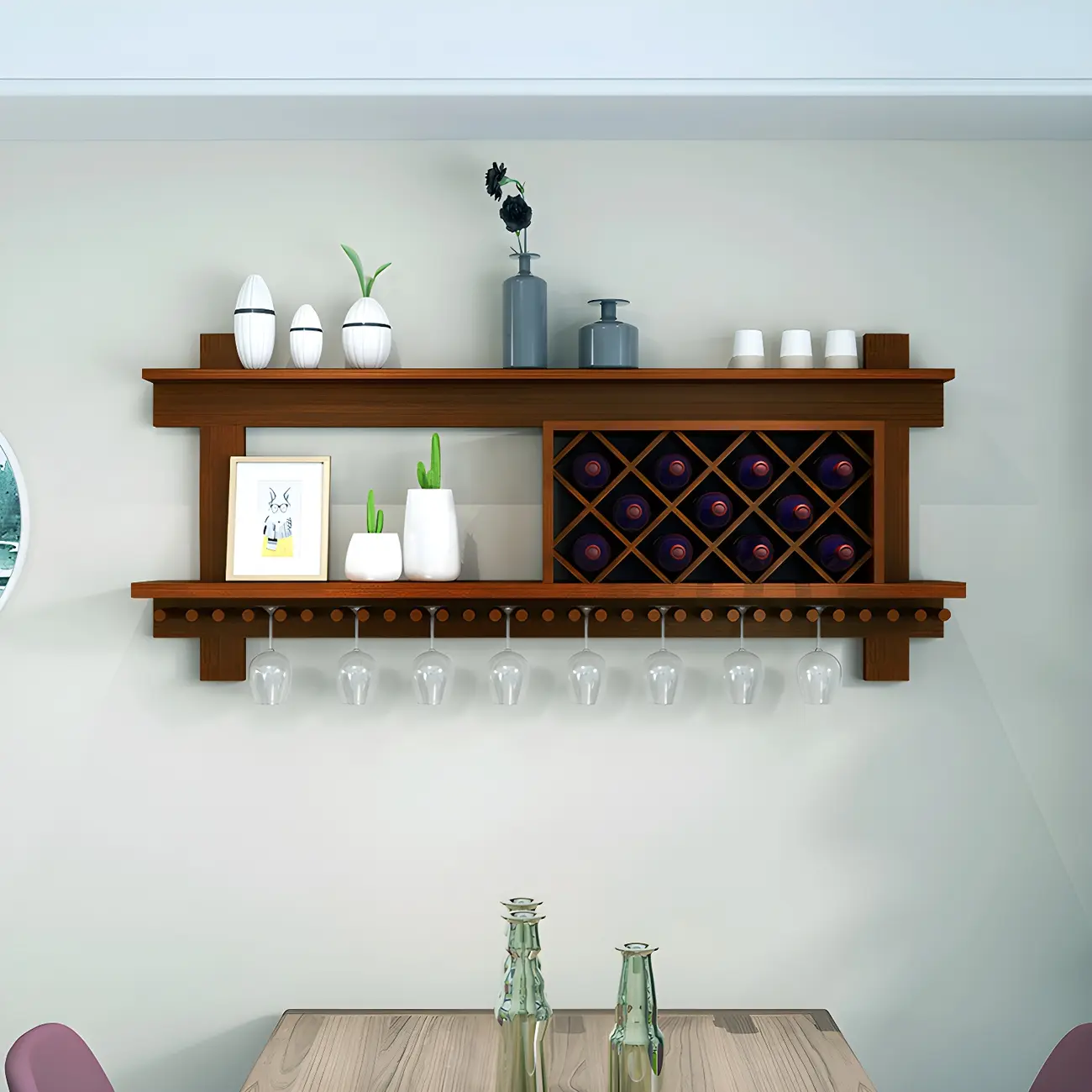 Pine Wooden Wall-Mounted Display Open Wine Bottle & Glass Rack Image - 2 | homeyfad