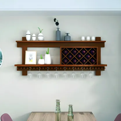 Pine Wooden Wall-Mounted Display Open Wine Bottle & Glass Rack Image - 2