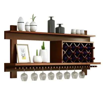 Pine Wooden Wall-Mounted Display Open Wine Bottle & Glass Rack Image - 19