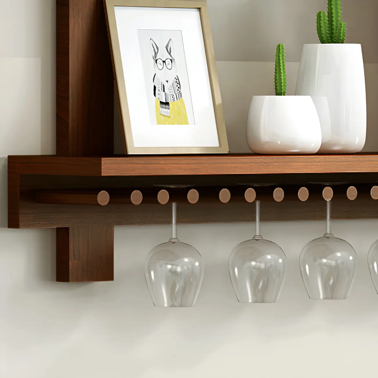 Pine Wooden Wall-Mounted Display Open Wine Bottle & Glass Rack Image - 12 | homeyfad