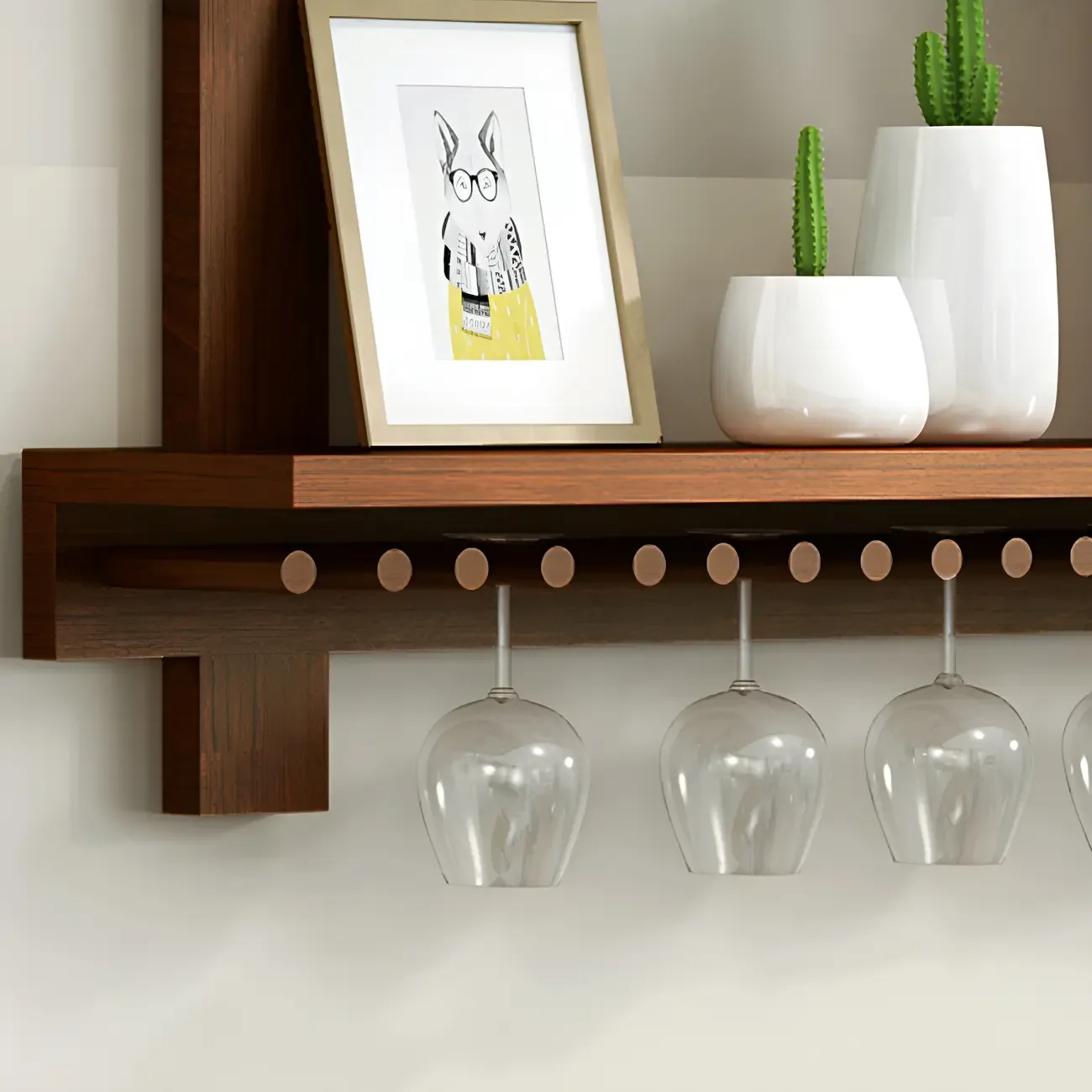 Pine Wooden Wall-Mounted Display Open Wine Bottle & Glass Rack Image - 12