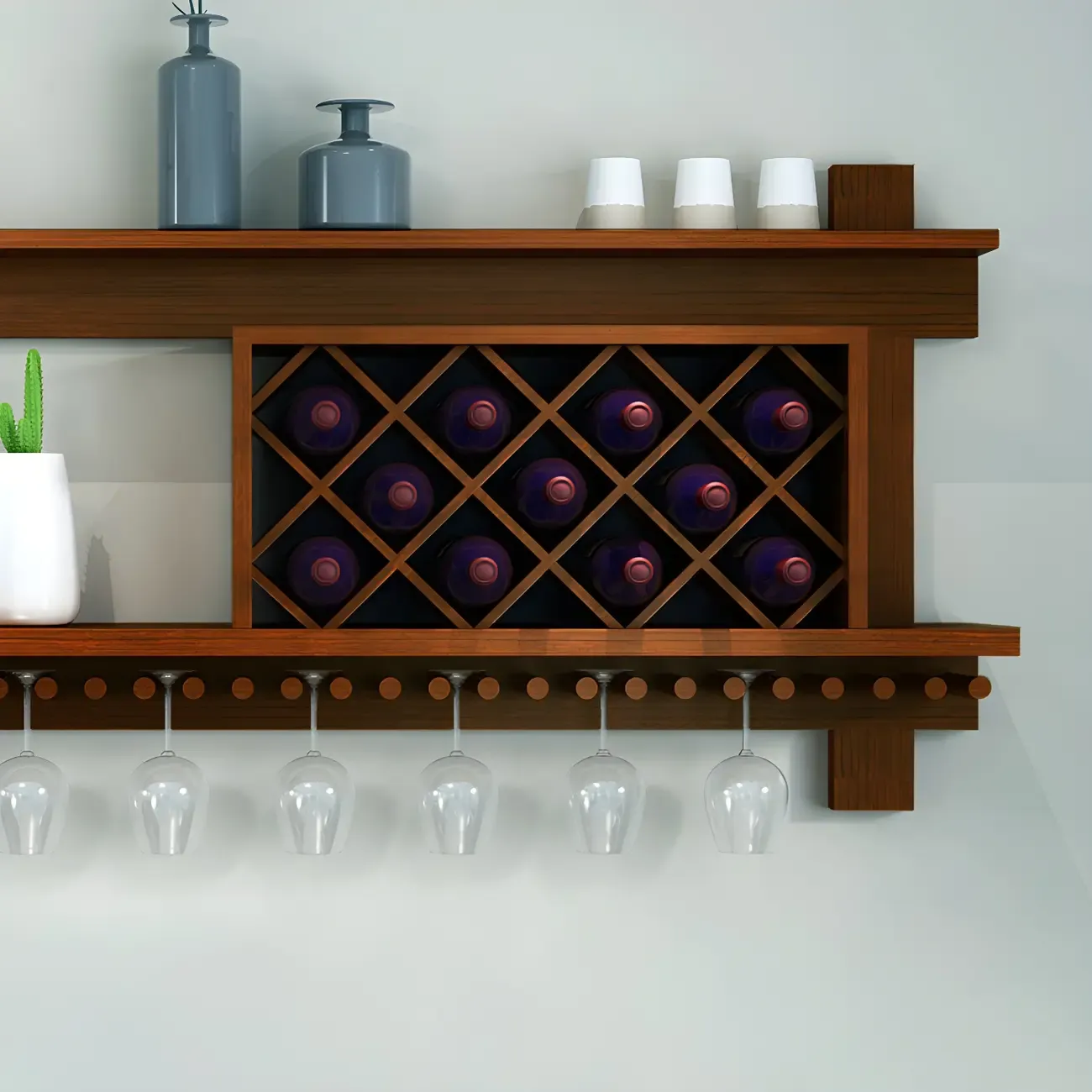 Pine Wooden Wall-Mounted Display Open Wine Bottle & Glass Rack Image - 11