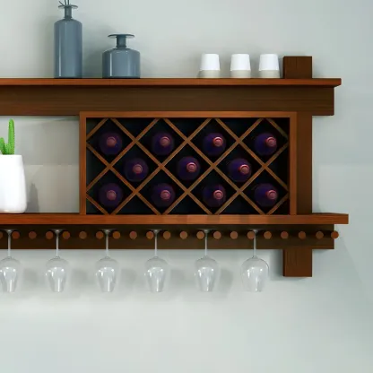 Pine Wooden Wall-Mounted Display Open Wine Bottle & Glass Rack Image - 11