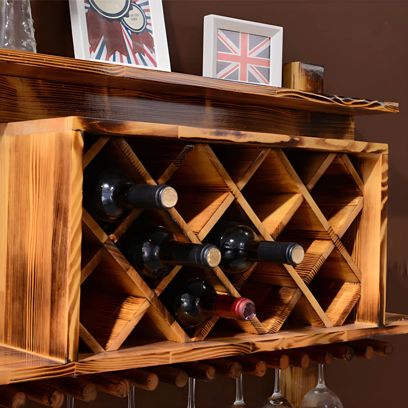 Pine Wooden Wall-Mounted Display Open Wine Bottle & Glass Rack Image - 13 | homeyfad