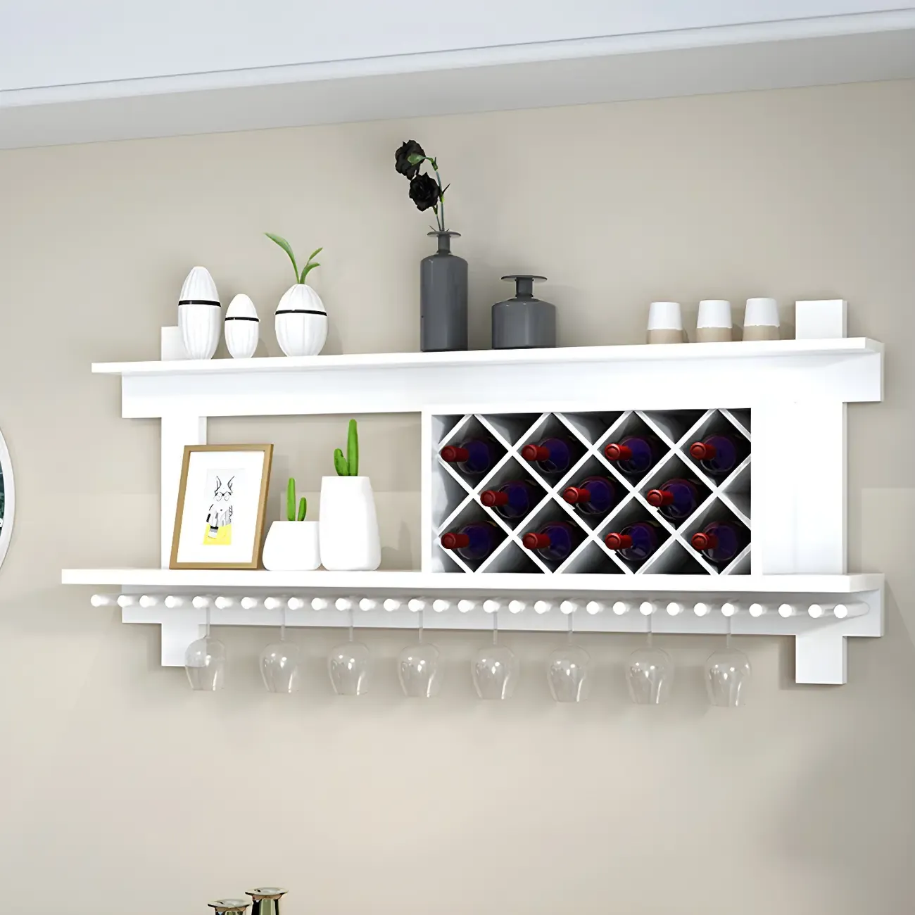 Pine Wooden Wall-Mounted Display Open Wine Bottle & Glass Rack Image - 1