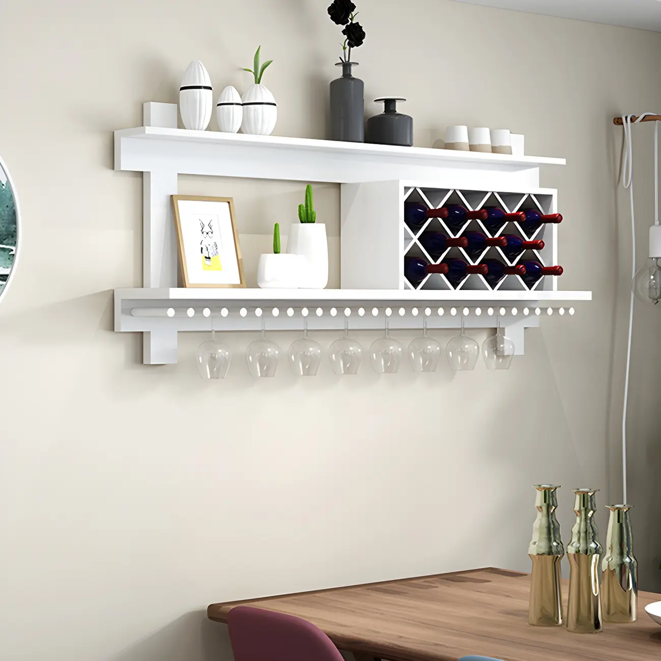 Pine Wooden Wall-Mounted Display Open Wine Bottle & Glass Rack Image - 5 | homeyfad
