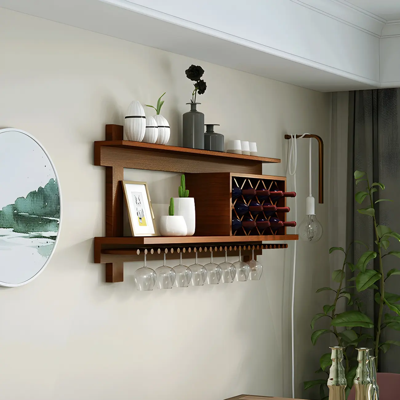 Pine Wooden Wall-Mounted Display Open Wine Bottle & Glass Rack Image - 10 | homeyfad