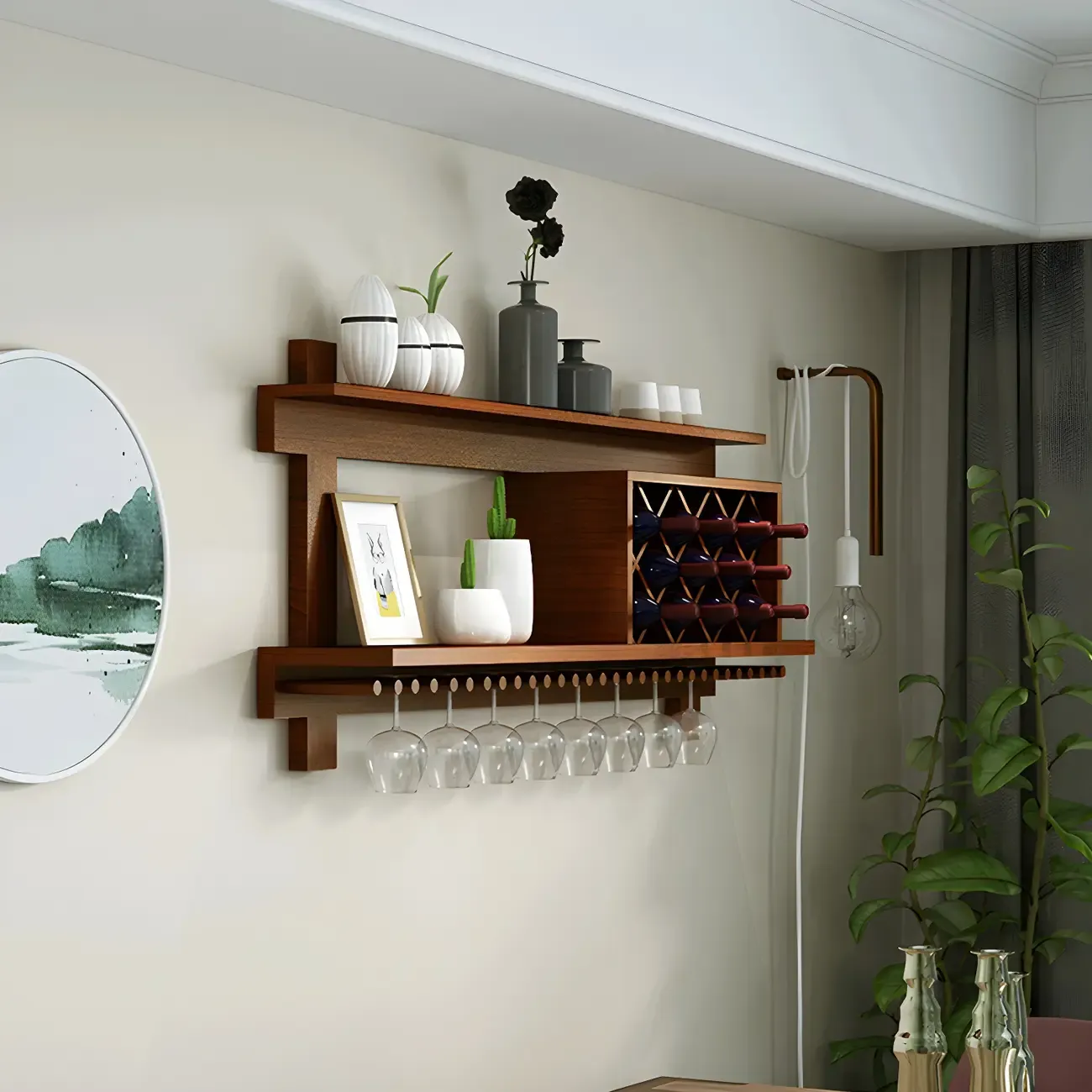 Pine Wooden Wall-Mounted Display Open Wine Bottle & Glass Rack Image - 10